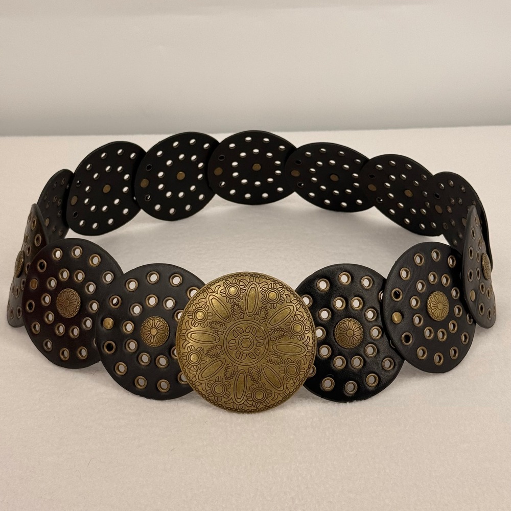 Womens Boho Disc Belt Brown Faux Leather Brass Medallion Buckle Western 31in